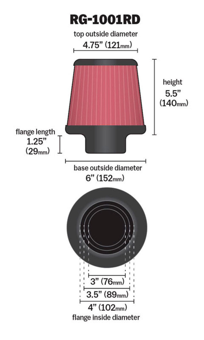 K&N Universal Air Filter Chrome Round Tapered Red - 4in Flange ID x 1.125in Flange Length x 5.5in H